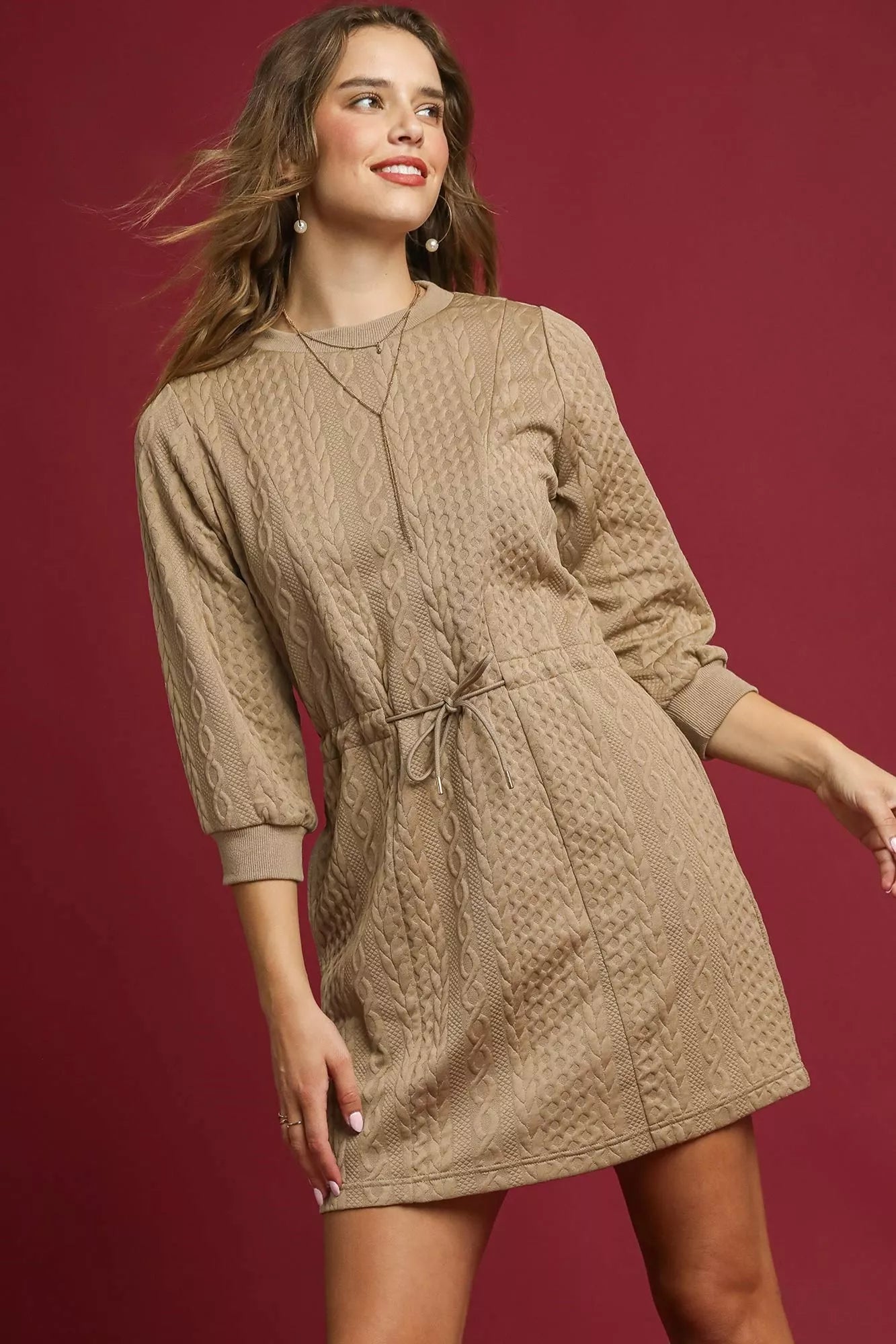 Cable Knit Drawstring Mini Dress with Pockets