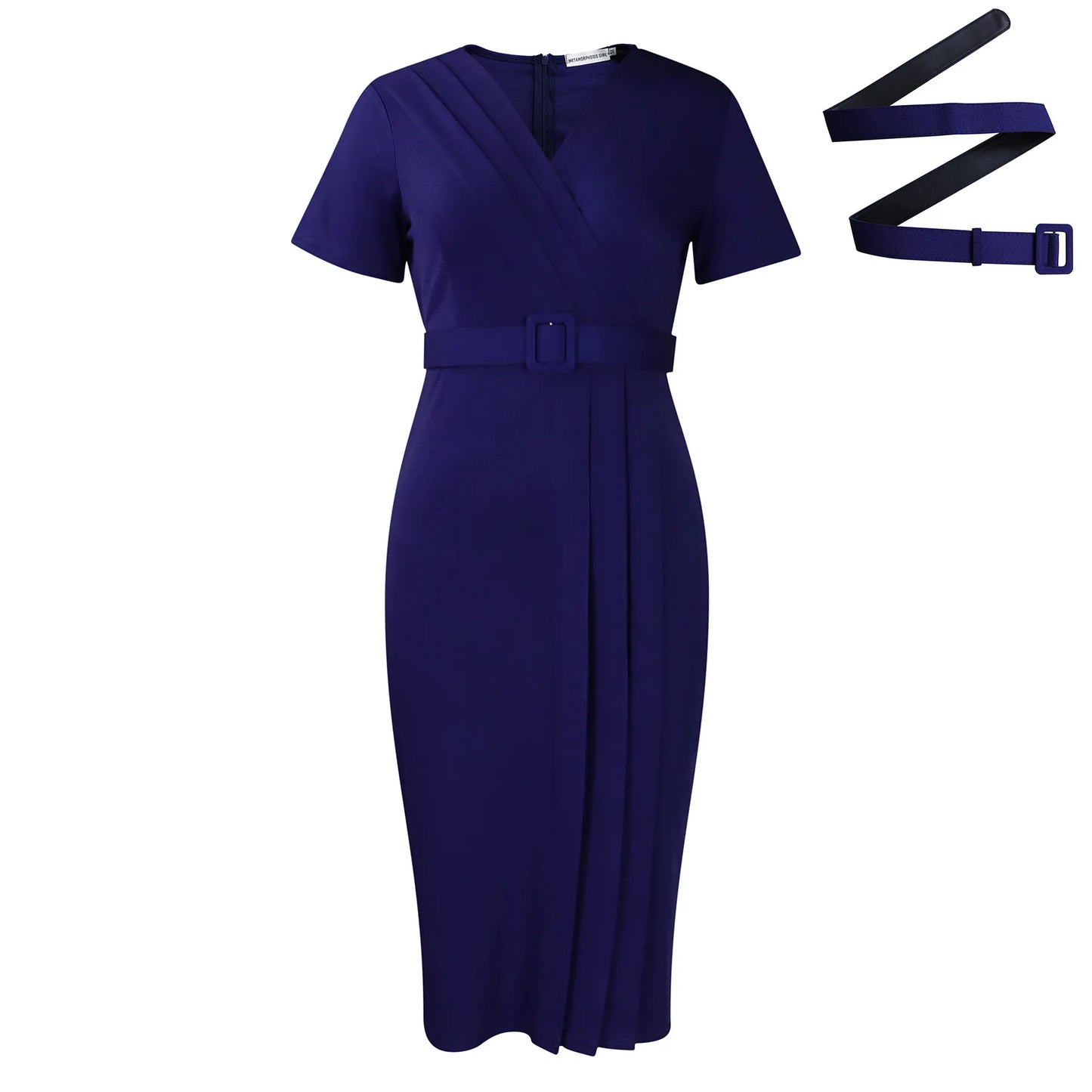 Women's Elegant Midi Dress – V Neck Short Sleeve Belted Waist Workwear Style
