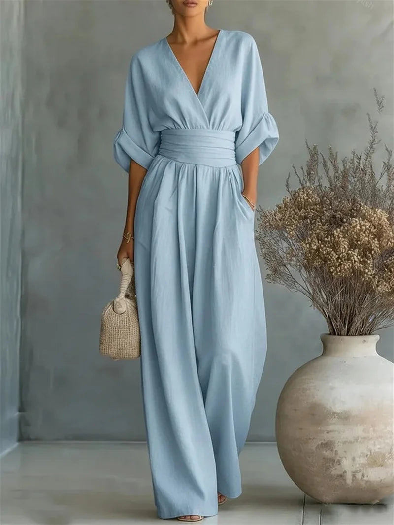 Ruched V-Neck Wide-Leg Jumpsuit | Wovetsa