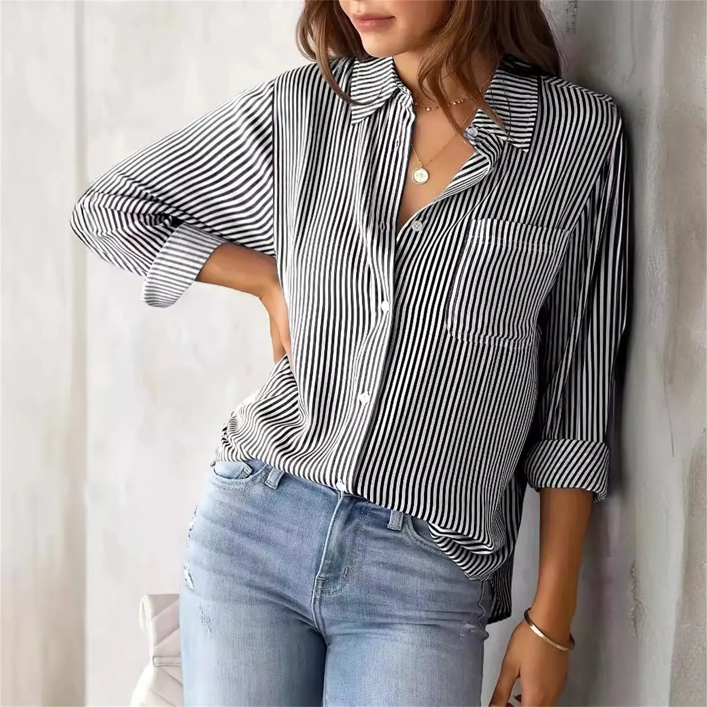 Autumn Striped Shirt for Women Long-Sleeved Lapel Single-Breasted Casual Shirts Elegant and Stylish Women's Commuter Shirt