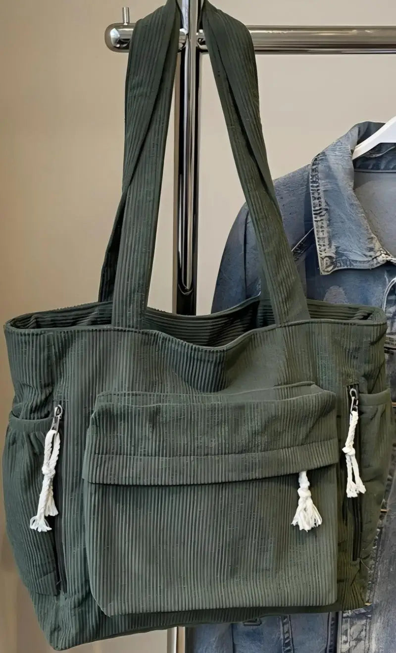 Corduroy Multi-Pocket Shoulder Tote Bag | Wovetsa
