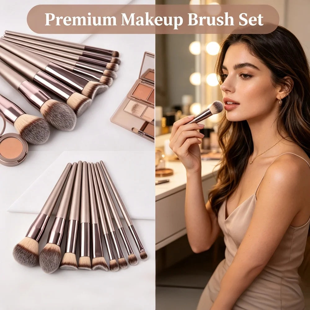 10-Piece Champagne Gold Makeup Brush Set | Wovetsa