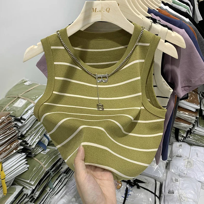 Striped Knit Sleeveless Top | Wovetsa