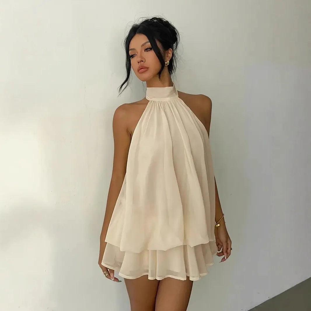 Halter Neck Backless Tie-Front Mini Dress | Wovetsa