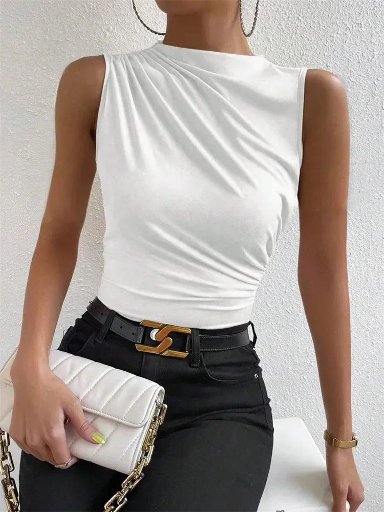 Mock Neck Ruched Sleeveless Tank Top | Wovetsa