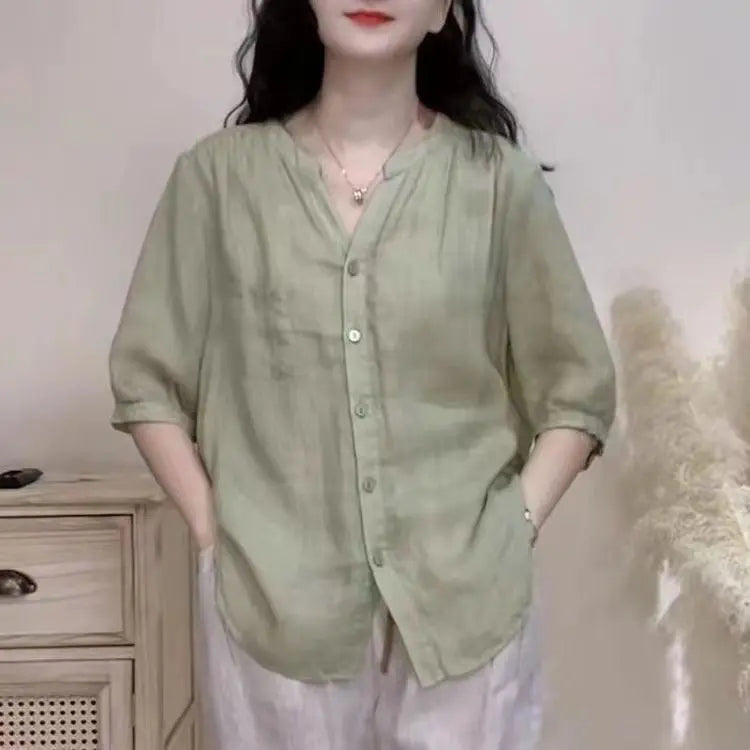 Loose V-Neck Three-Quarter Sleeve Blouse | Wovetsa