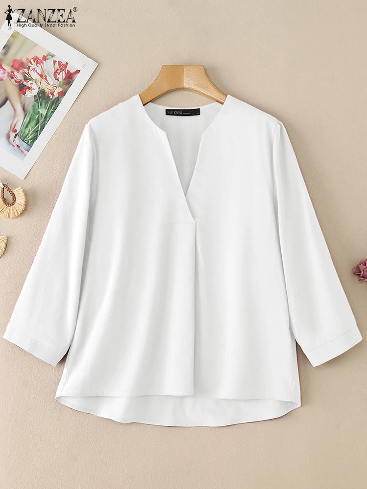 V-Neck 3/4 Sleeve Cotton Blouse | Wovetsa