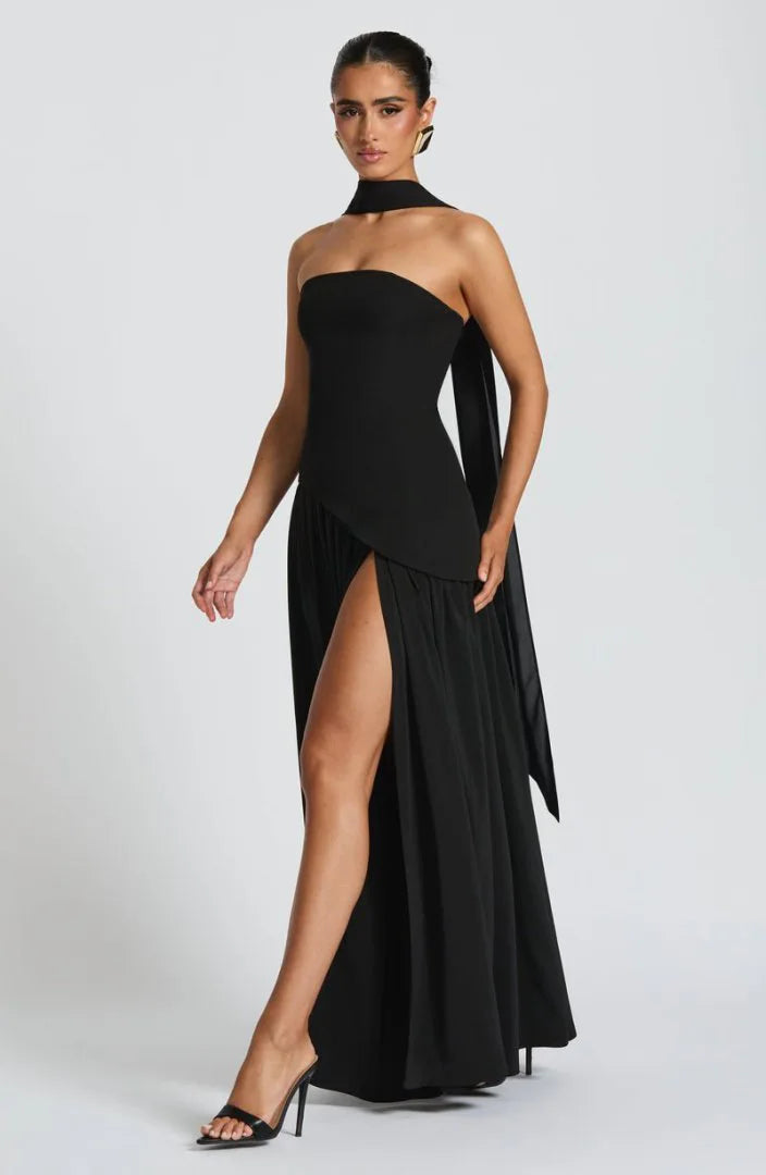 Backless Slit Evening Maxi Dress with Scarf | Wovetsa