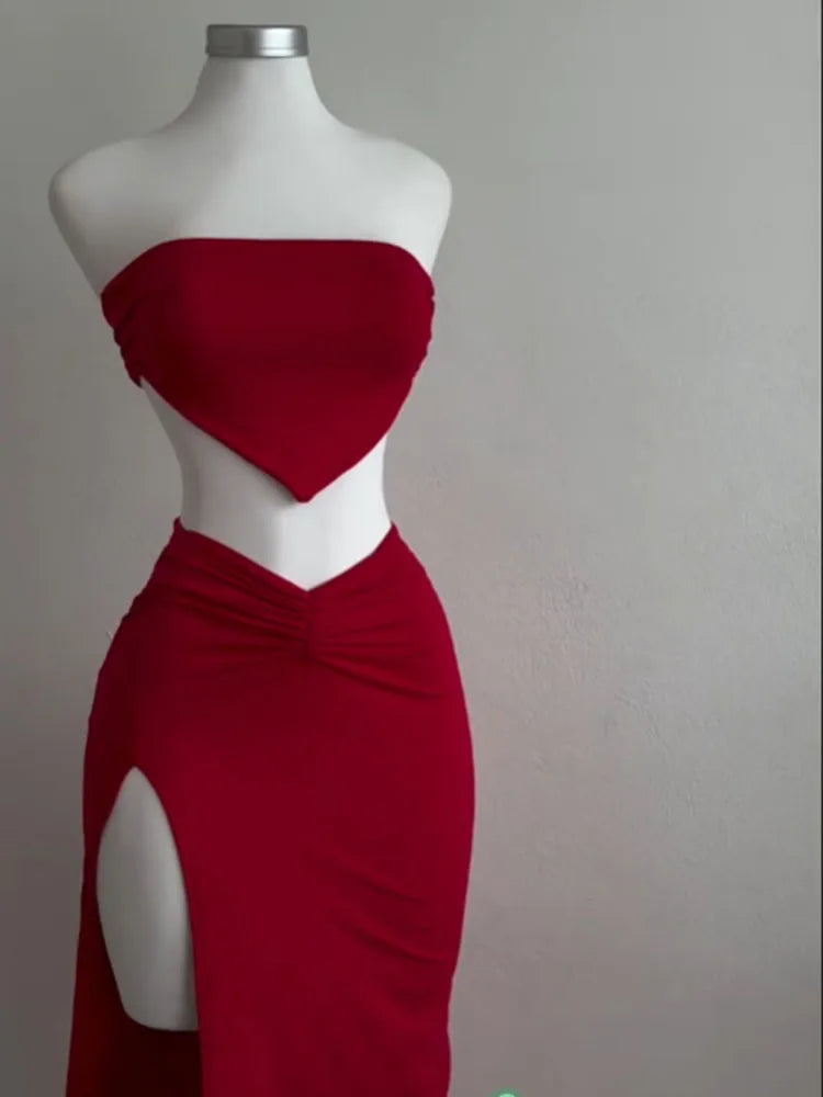 Strapless Crop Top & Split Midi Skirt Set | Wovetsa