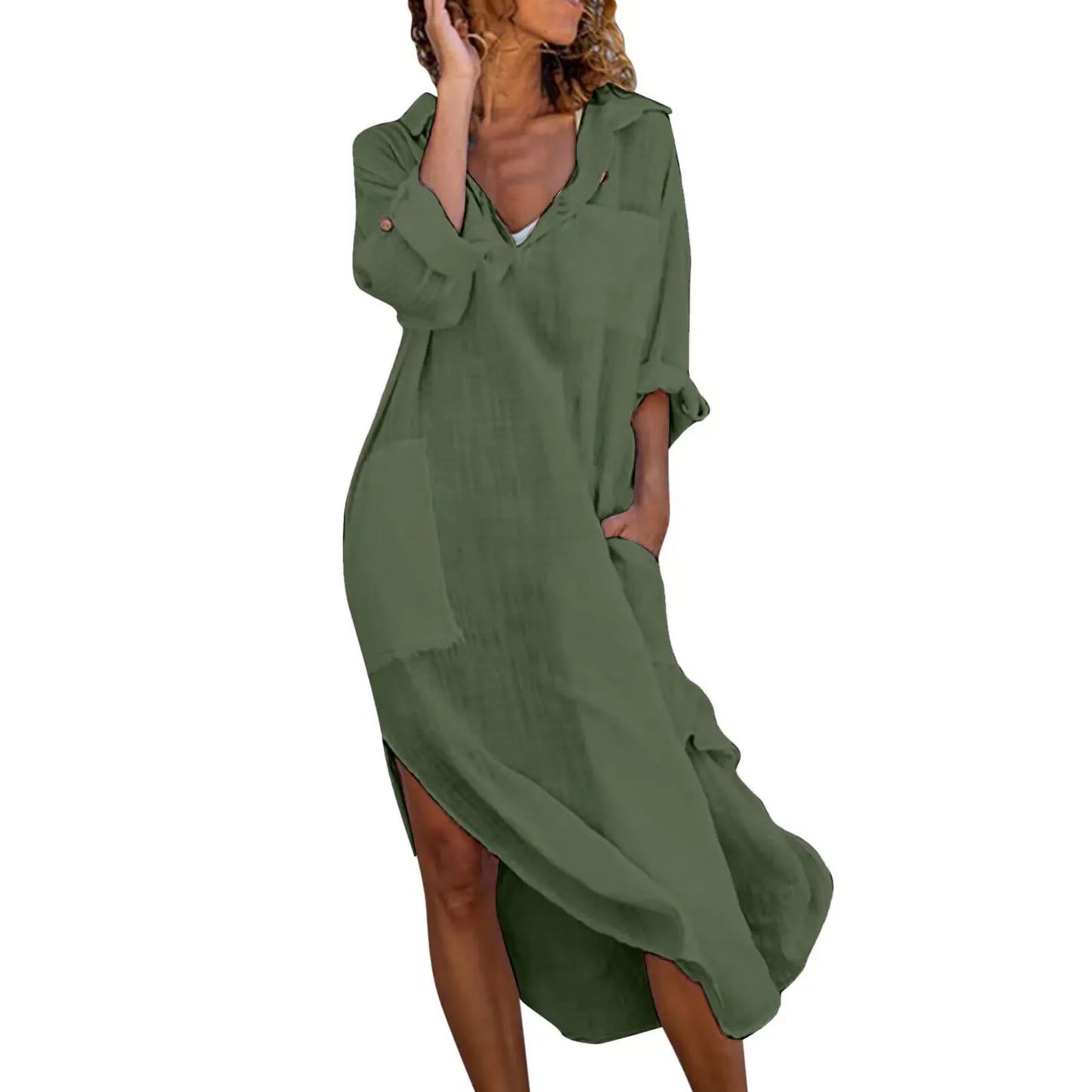 Women's Cotton Linen Shirt Dress – Oversized Casual Midi Dress with V-Neck