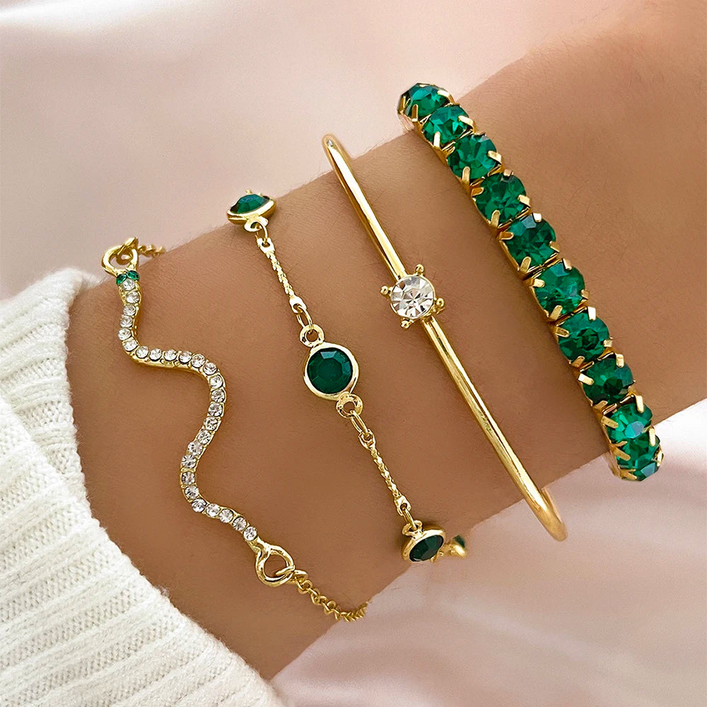 Snake & Gemstone Bangle Bracelet Set (4 Pcs) | Wovetsa
