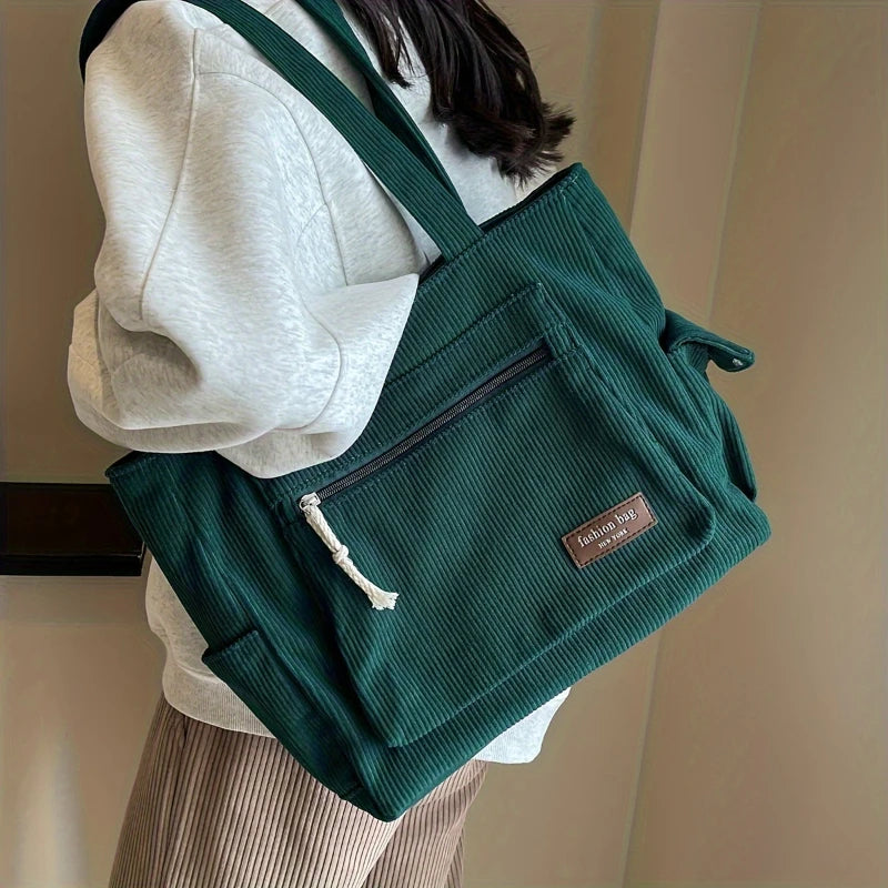 Solid Corduroy Tote Bag with Interior Pocket | Wovetsa