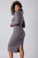 Mock Collar Cut-Out Midi Dress with Back Split