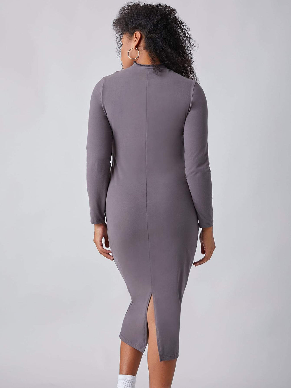 Mock Collar Cut-Out Midi Dress with Back Split
