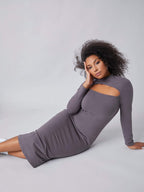 Mock Collar Cut-Out Midi Dress with Back Split