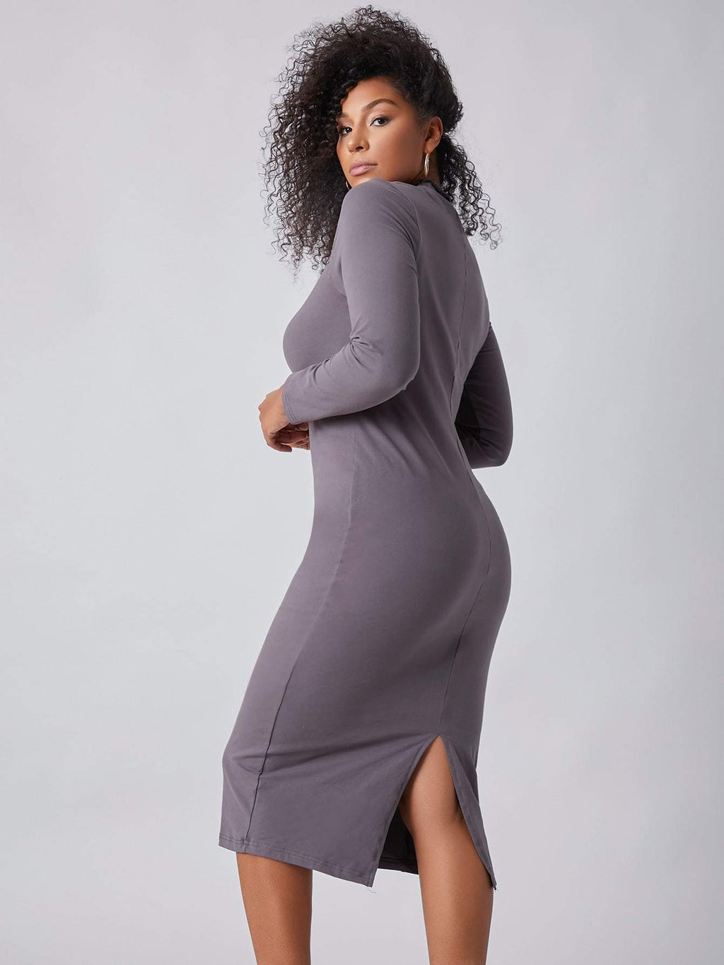 Mock Collar Cut-Out Midi Dress with Back Split