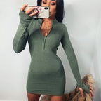 Stand Collar Ribbed Zip Mini Dress | Wovetsa