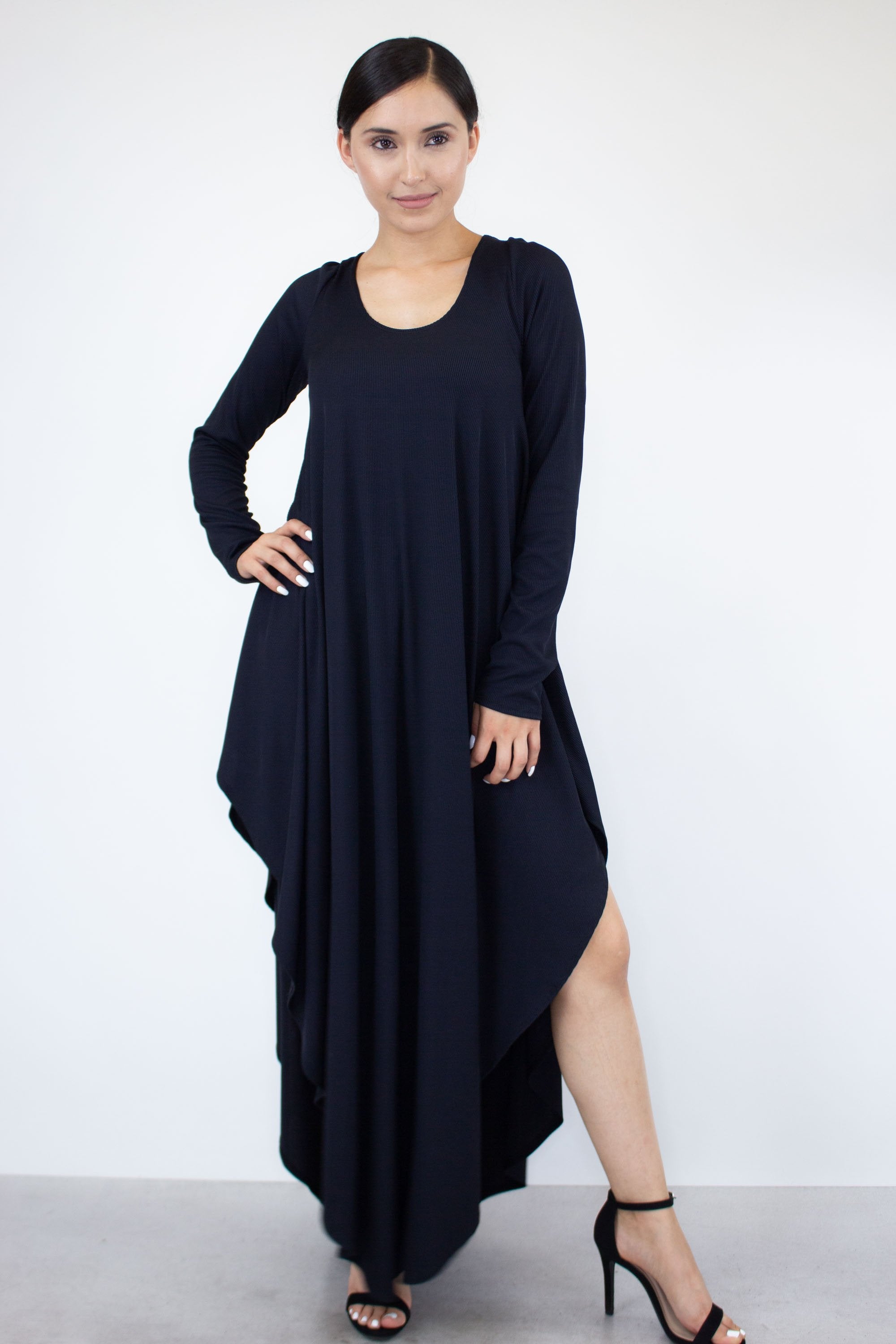 Asymmetric Hem Long Sleeve Maxi Dress