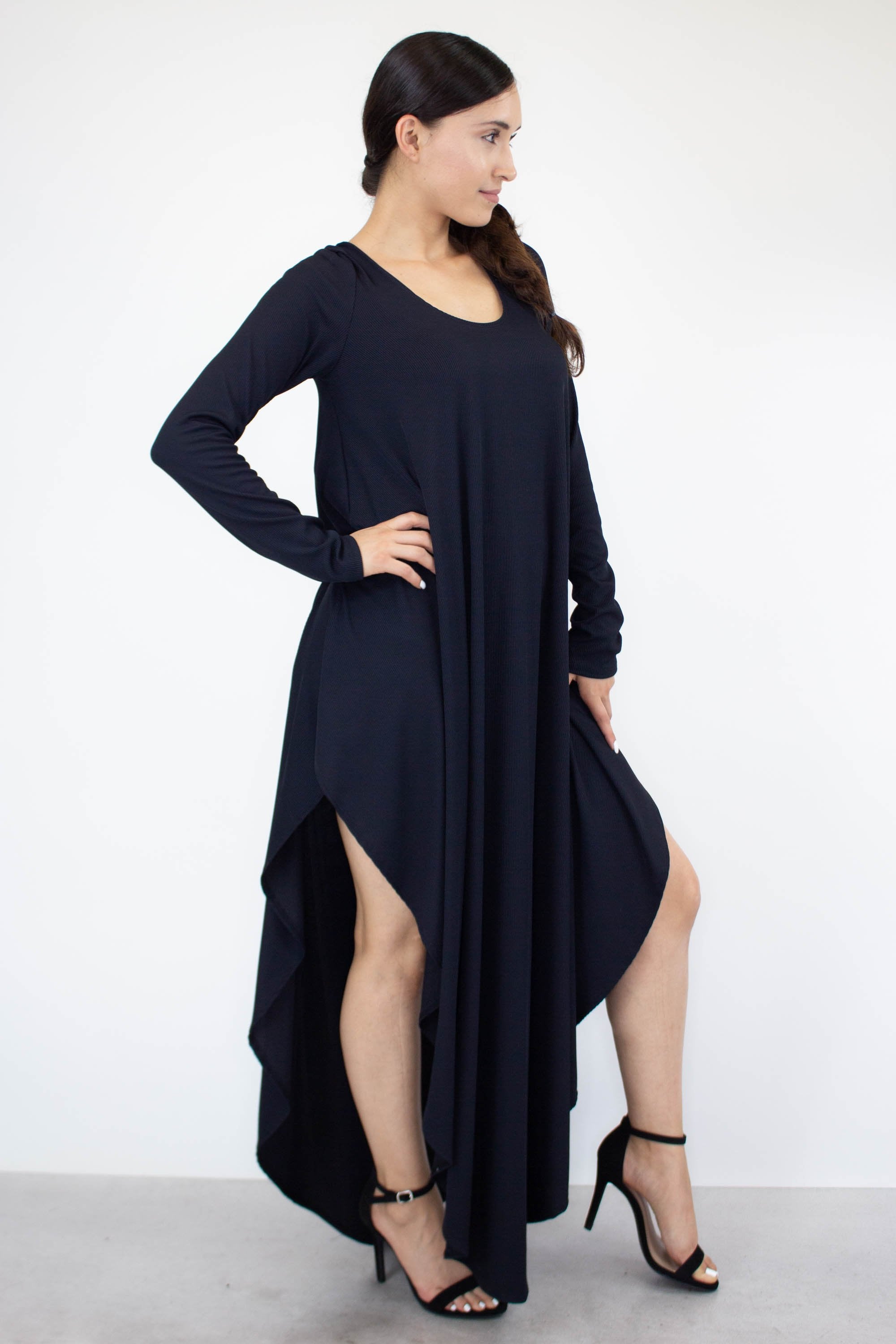 Asymmetric Hem Long Sleeve Maxi Dress