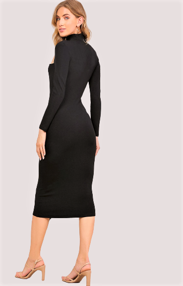 Mock Neck Cut-Out Long Sleeve Midi Dress