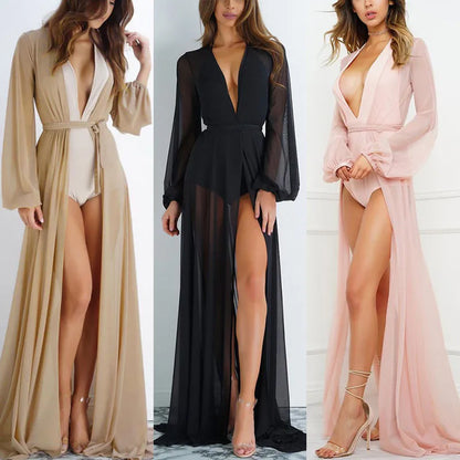 Deep V-Neck Chiffon Beach Cover-Up Maxi Dress | Wovetsa