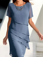 Short Sleeve Ruffle Hem Round Neck A-Line Midi Dress | Wovetsa