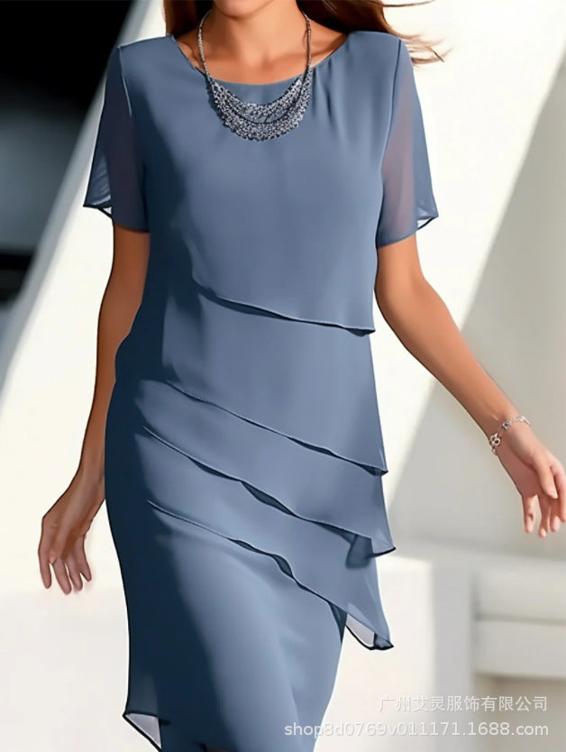 Short Sleeve Ruffle Hem Round Neck A-Line Midi Dress | Wovetsa