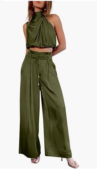 Sleeveless Crop Top & Wide-Leg Pants Two-Piece Set | Wovetsa