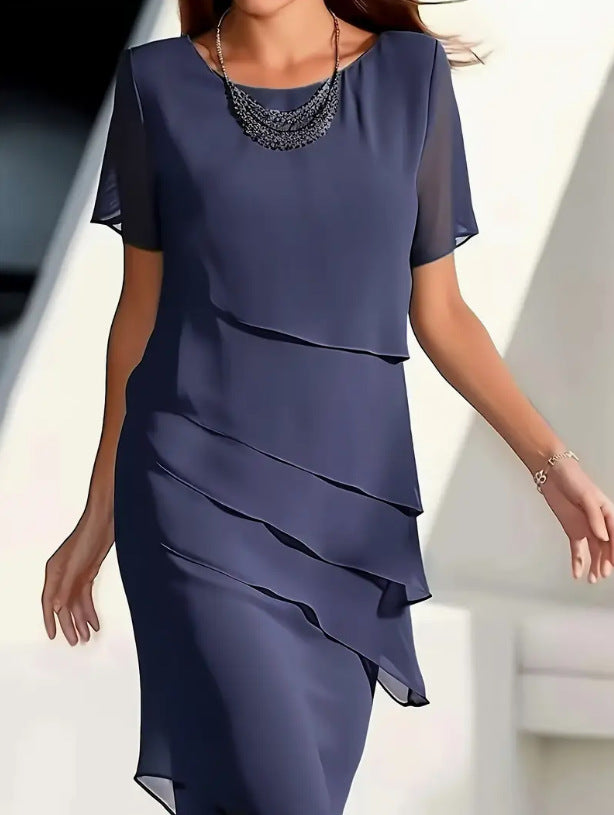 Short Sleeve Ruffle Hem Round Neck A-Line Midi Dress | Wovetsa