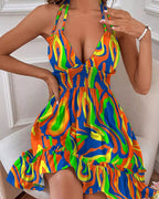 European and American Amazon Cross-Border Popular Women's Clothing Deep V Rope Suspender Parallel Pleated Sexy Dress Beach Degree
