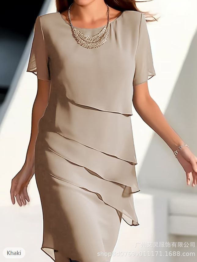 Short Sleeve Ruffle Hem Round Neck A-Line Midi Dress | Wovetsa