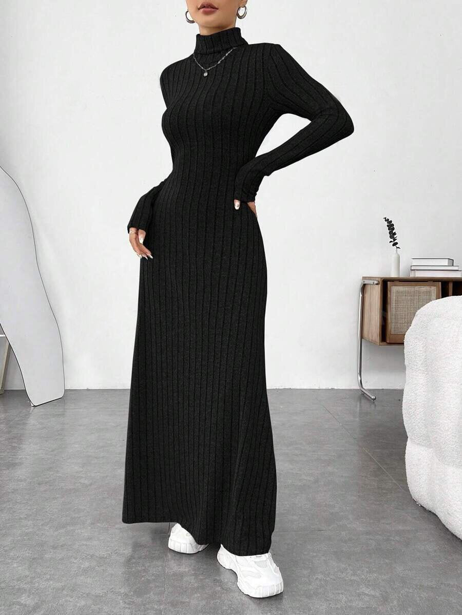 Turtleneck Brushed Knit Long Sleeve Maxi Dress | Wovetsa