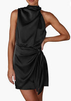 Sleeveless Lace-Up Waist Mock Neck Mini Dress | Wovetsa
