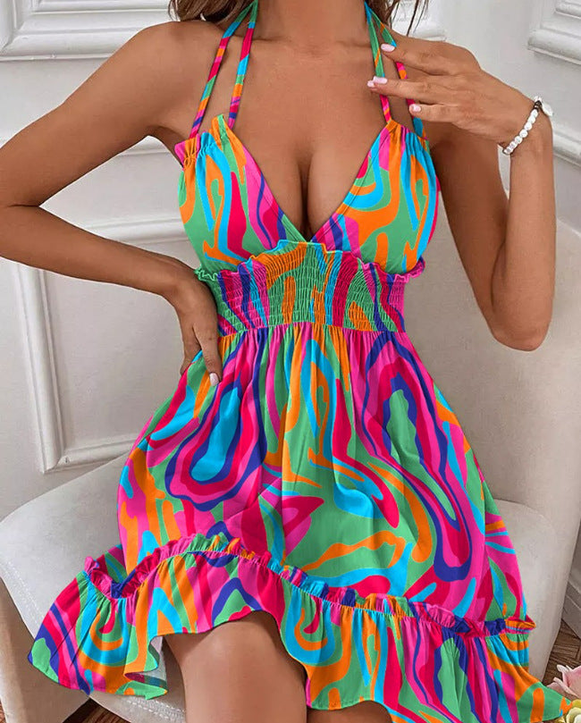 European and American Amazon Cross-Border Popular Women's Clothing Deep V Rope Suspender Parallel Pleated Sexy Dress Beach Degree