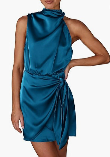Sleeveless Lace-Up Waist Mock Neck Mini Dress | Wovetsa