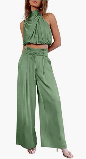 Sleeveless Crop Top & Wide-Leg Pants Two-Piece Set | Wovetsa