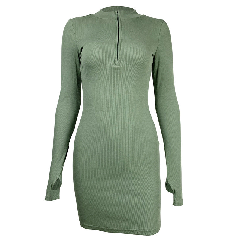 Stand Collar Ribbed Zip Mini Dress | Wovetsa
