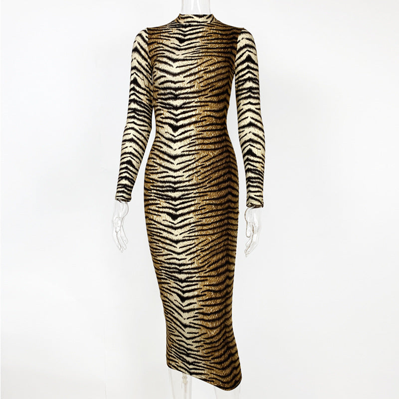 Animal Print Mock Neck Long Sleeve Midi Dress | Wovetsa
