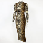 Animal Print Mock Neck Long Sleeve Midi Dress | Wovetsa