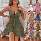European and American Amazon Cross-Border Popular Women's Clothing Deep V Rope Suspender Parallel Pleated Sexy Dress Beach Degree