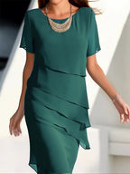 Short Sleeve Ruffle Hem Round Neck A-Line Midi Dress | Wovetsa