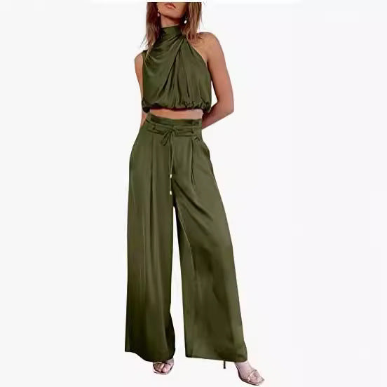 Sleeveless Crop Top & Wide-Leg Pants Two-Piece Set | Wovetsa
