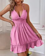 European and American Amazon Cross-Border Popular Women's Clothing Deep V Rope Suspender Parallel Pleated Sexy Dress Beach Degree