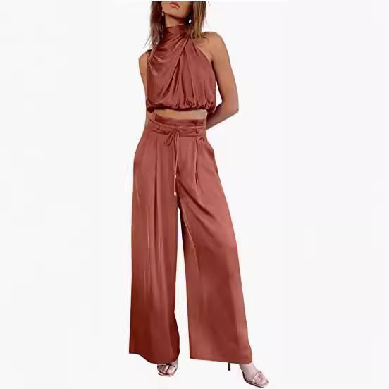Sleeveless Crop Top & Wide-Leg Pants Two-Piece Set | Wovetsa