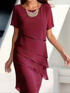 Short Sleeve Ruffle Hem Round Neck A-Line Midi Dress | Wovetsa