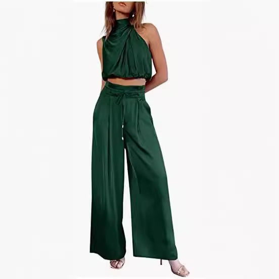 Sleeveless Crop Top & Wide-Leg Pants Two-Piece Set | Wovetsa