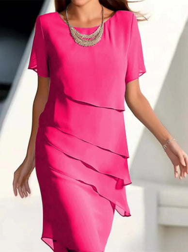 Short Sleeve Ruffle Hem Round Neck A-Line Midi Dress | Wovetsa