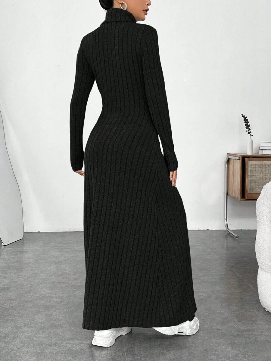 Turtleneck Brushed Knit Long Sleeve Maxi Dress | Wovetsa