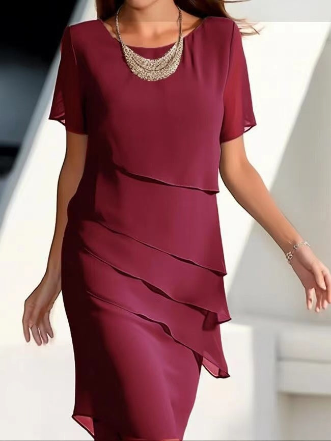Short Sleeve Ruffle Hem Round Neck A-Line Midi Dress | Wovetsa