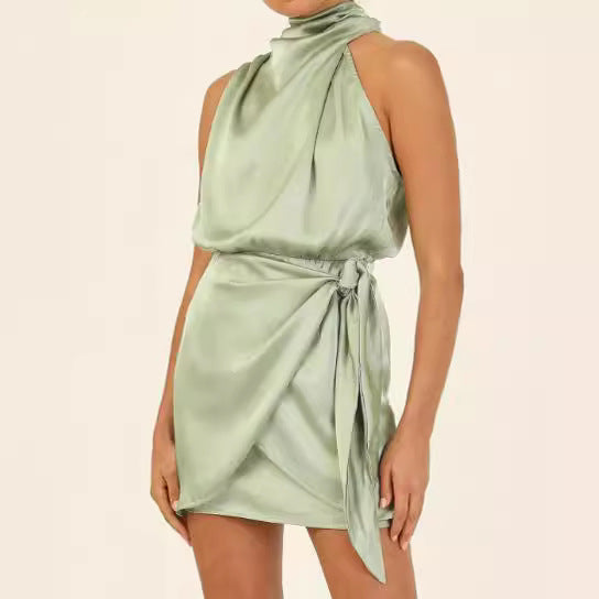 Sleeveless Lace-Up Waist Mock Neck Mini Dress | Wovetsa